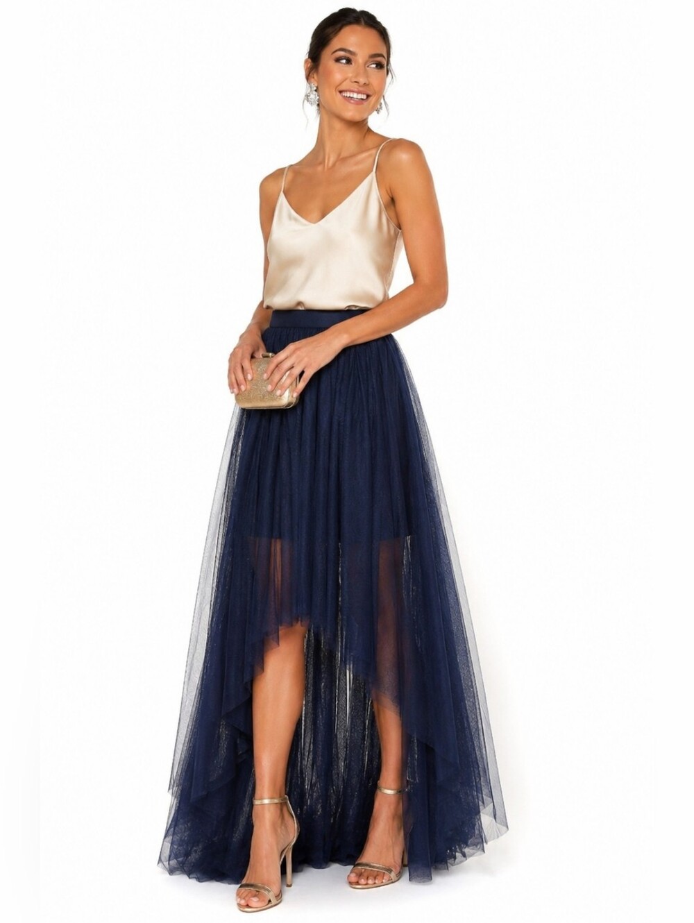 Monique Lhuillier Navy Tulle Overlay High Low Maxi Skirt Formal Size 8